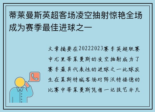 蒂莱曼斯英超客场凌空抽射惊艳全场成为赛季最佳进球之一