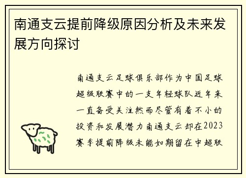 南通支云提前降级原因分析及未来发展方向探讨